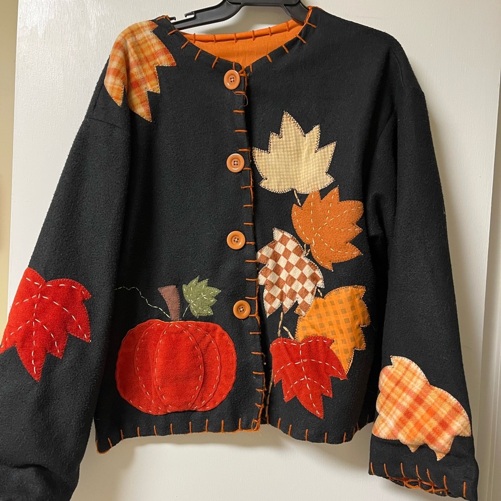 Autumn Leaves and Pumpkin Women’s Jacket - Black and Orange